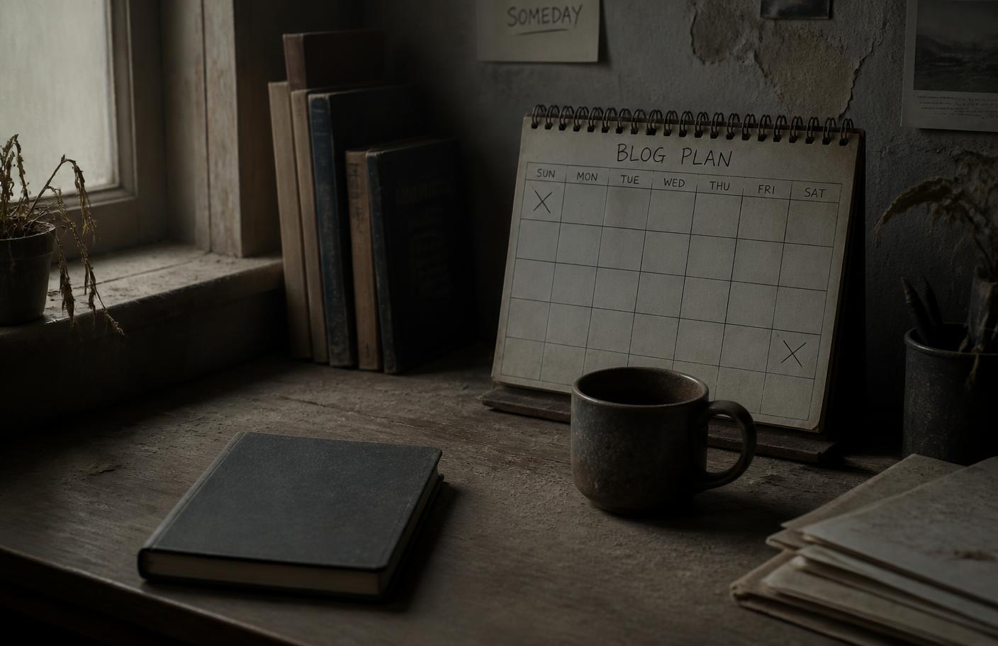 Escritorio con un calendario editorial abandonado